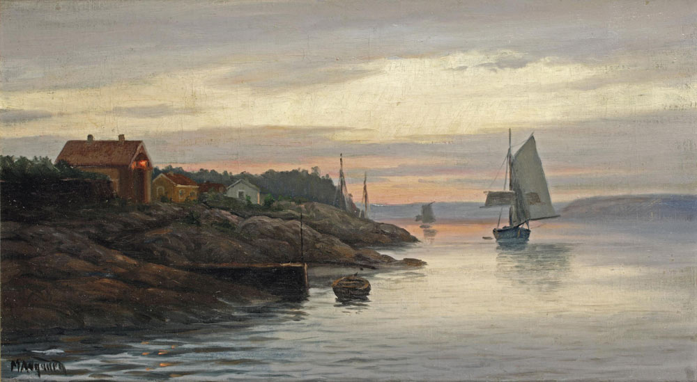 Painting by Martin Aagaard - Setting sail from the fjords at sunset 