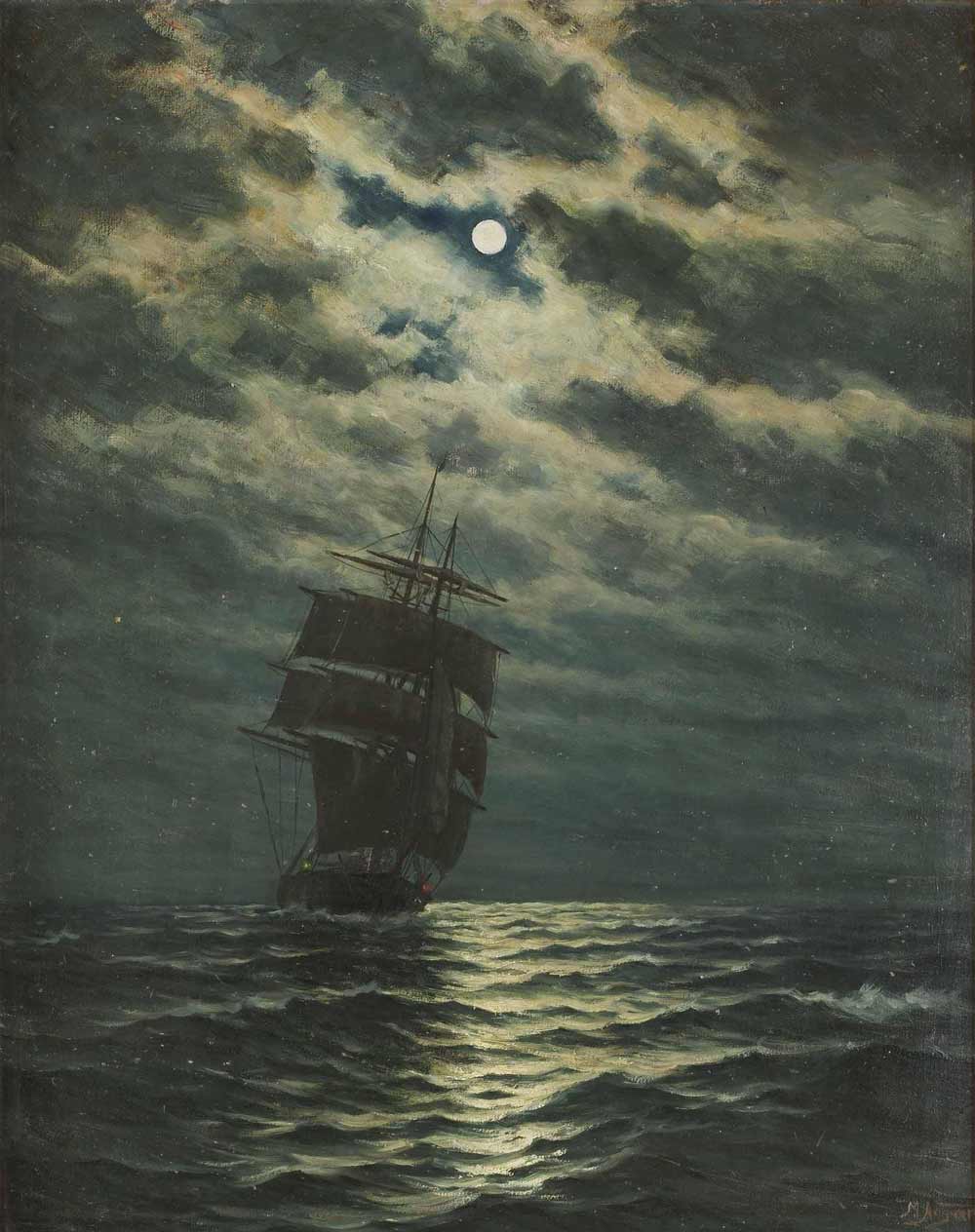 Painting by Martin Aagaard - Ship in the moonlight